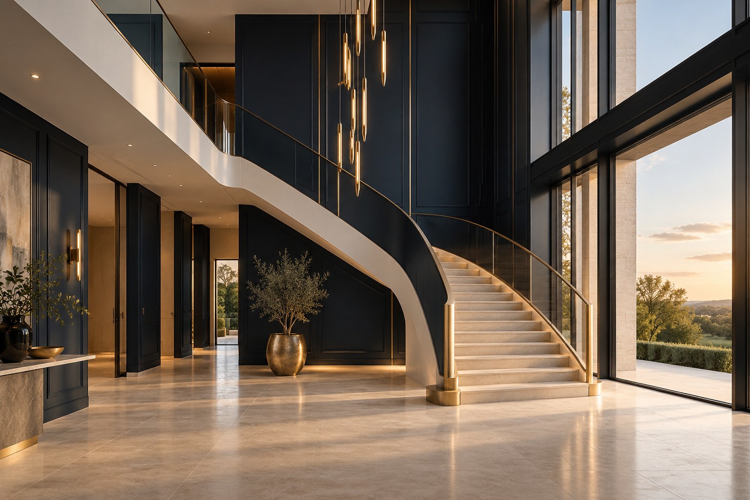 Illustrative contemporary interior with navy wall panels, stone floors and champagne architectural details